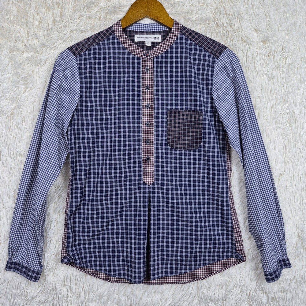 Uniqlo Ines De La Fressange Patchwork Plaid Band Collar LS Shirt Navy XS